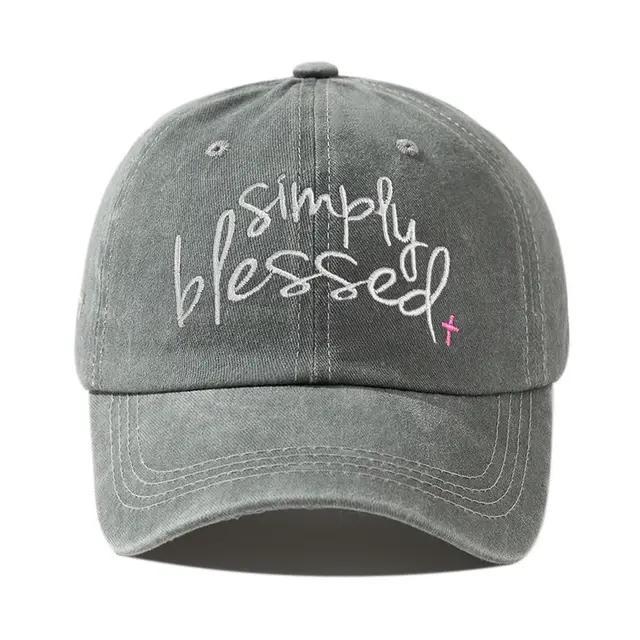 Simply Blessed Wide Brim Sunshade Washed Embroidered English Letter Baseball Cap Light Gray - Shop at LoveMi