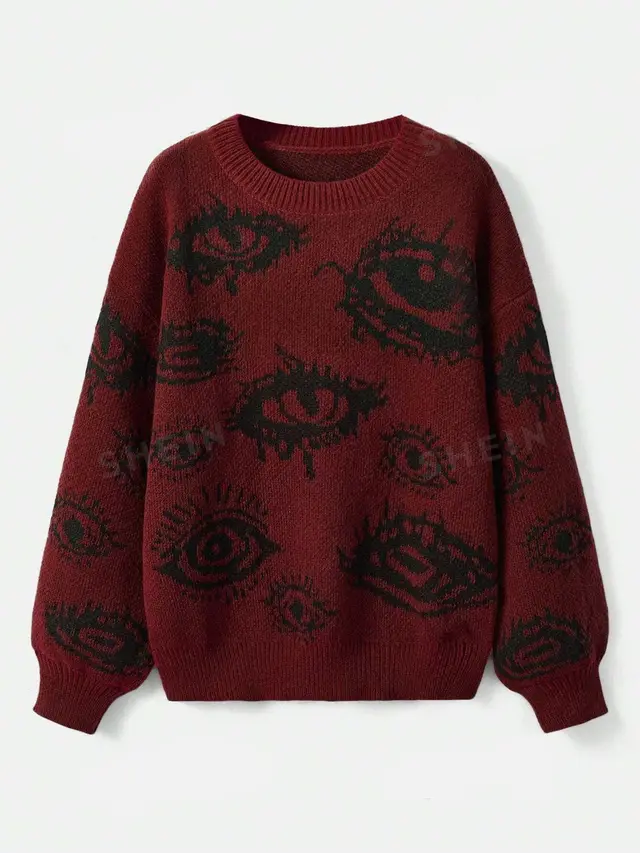 Personality Round Neck Wide Knitted Jacquard Sweater Red - Shop at LoveMi