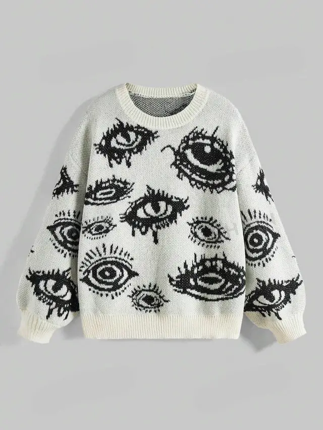 Personality Round Neck Wide Knitted Jacquard Sweater White - Shop at LoveMi