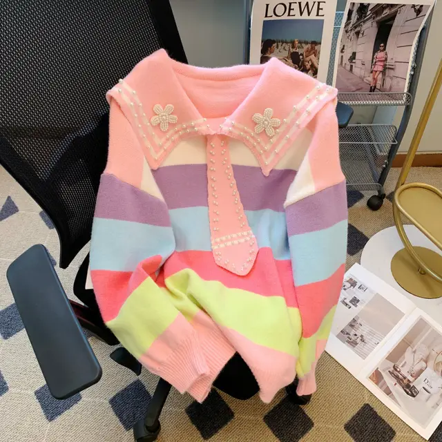 Rainbow Striped Contrast Color Sailor Collar Beaded Sweater Women's Autumn And Winter Loose Youthful looking Knitted Top Pink - Shop at LoveMi