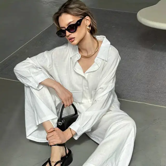 Women's Comfortable Pure Cotton Long Sleeve Top Long Pants Pajamas White - Shop at LoveMi
