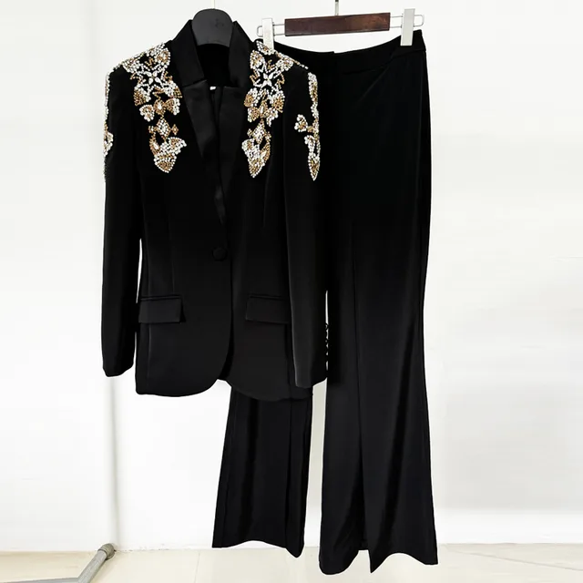 Exquisite Rhinestone Beaded Stand Collar Blazer Split Trousers Suit Black - Shop at LoveMi
