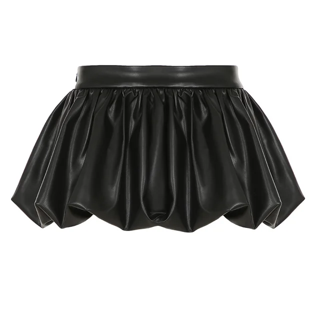Dark Sexy Glossy Leather High Waist Bubble Bud Leather Skirt Street Pleated Black - Shop at LoveMi