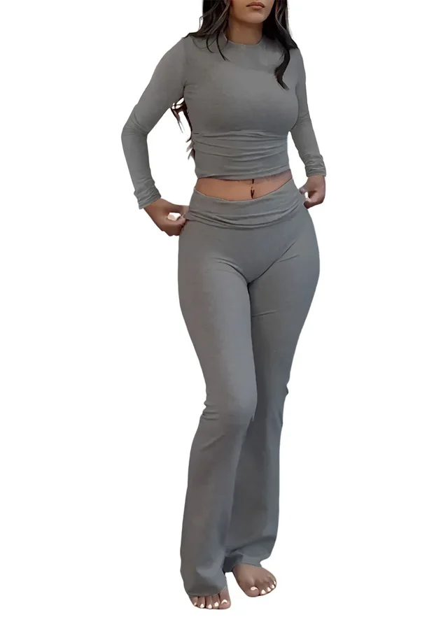 Round Neck Long Sleeve Low Waist Bell bottom Pants Sportswear Suit Dark Gray - Shop at LoveMi