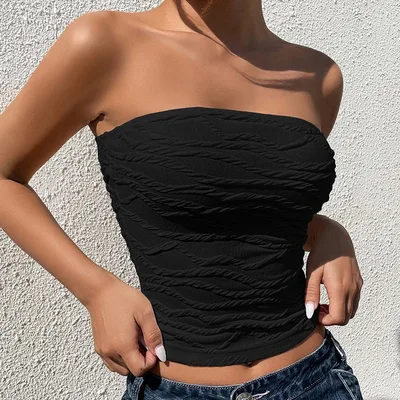 Sleeveless Pure Color Tube top Slim Fit Midriff baring Top Black - Shop at LoveMi