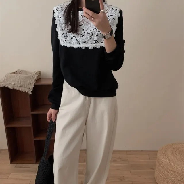 Women's Casual All match Lace Lace Patchwork Sweater Black - Shop at LoveMi