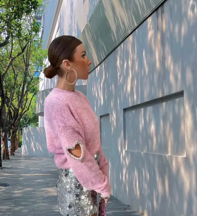 Elegant Pullover Round Neck Ripped Heart shaped Rhinestone Solid Color Sweater Pink - Shop at LoveMi