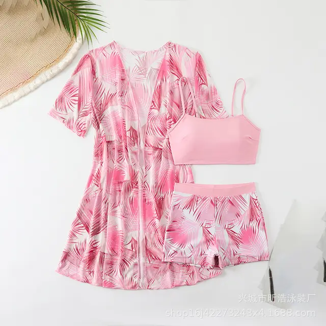 New Three piece Set Swimsuit Women's Printed Short Sleeve Outerwear Shirt Suit Pink - Shop at LoveMi