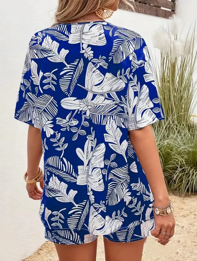 Printed 5 point Sleeve Cardigan Shirt And Shorts Two piece Set Blue - Shop at LoveMi