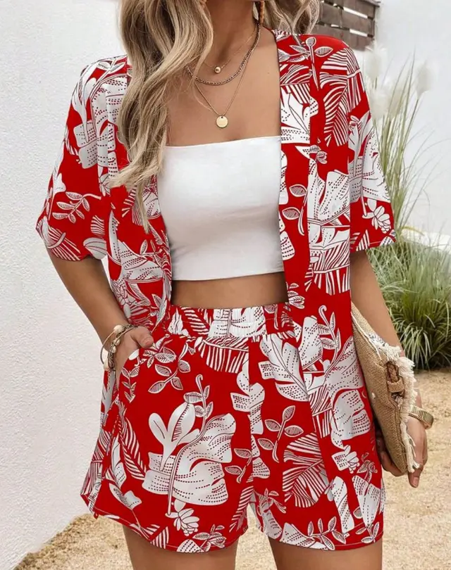 Printed 5 point Sleeve Cardigan Shirt And Shorts Two piece Set Brick Red - Shop at LoveMi