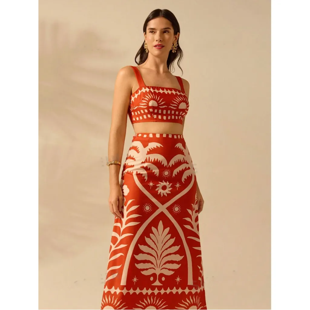 Summer Vacation Coconut Tree Printed Short Strap Top And Fit Maxi Skirt Suit - Orange Red - View 1