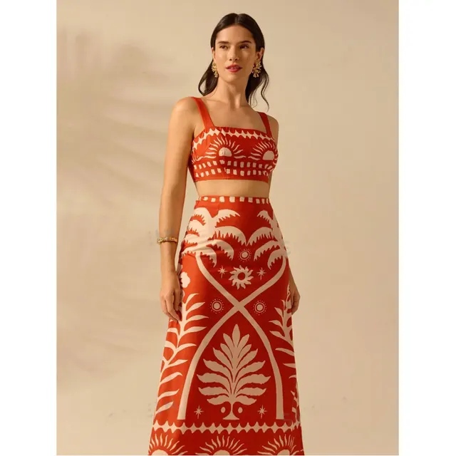 Summer Vacation Coconut Tree Printed Short Strap Top And Fit Maxi Skirt Suit Orange Red - Shop at LoveMi
