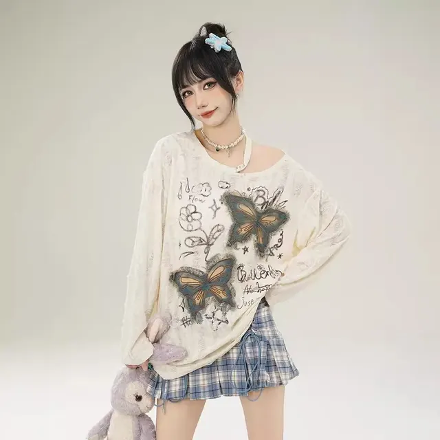 Idle Style Thin Design Sense Ripped Top Loose Comfortable Long Sleeve Apricot - Shop at LoveMi