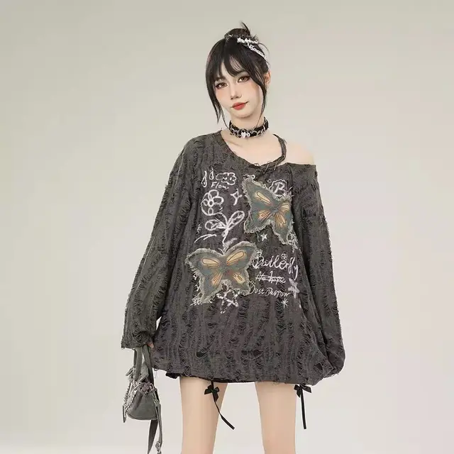 Idle Style Thin Design Sense Ripped Top Loose Comfortable Long Sleeve Gray - Shop at LoveMi