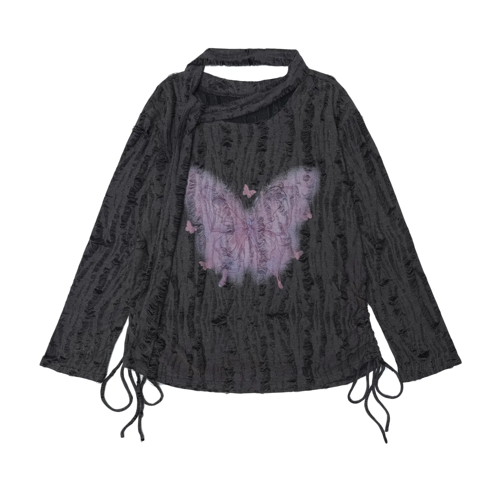 American Retro Knitted Top With Tie - Gray Black