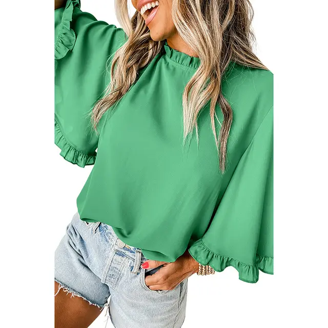 Women's Design Pleated Half Sleeve Loose All match Chiffon Shirt Green - Shop at LoveMi