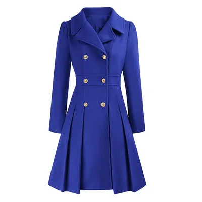 Women's Windbreaker Lapel Double Breasted Pocket A Line Pea Coat Blue - Shop at LoveMi