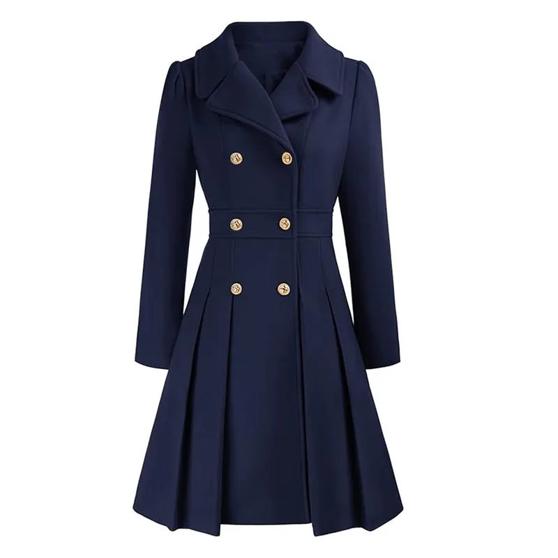 Women's Windbreaker Lapel Double Breasted Pocket A Line Pea Coat Dark Blue - Shop at LoveMi