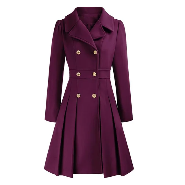 Women's Windbreaker Lapel Double Breasted Pocket A Line Pea Coat Purple - Shop at LoveMi