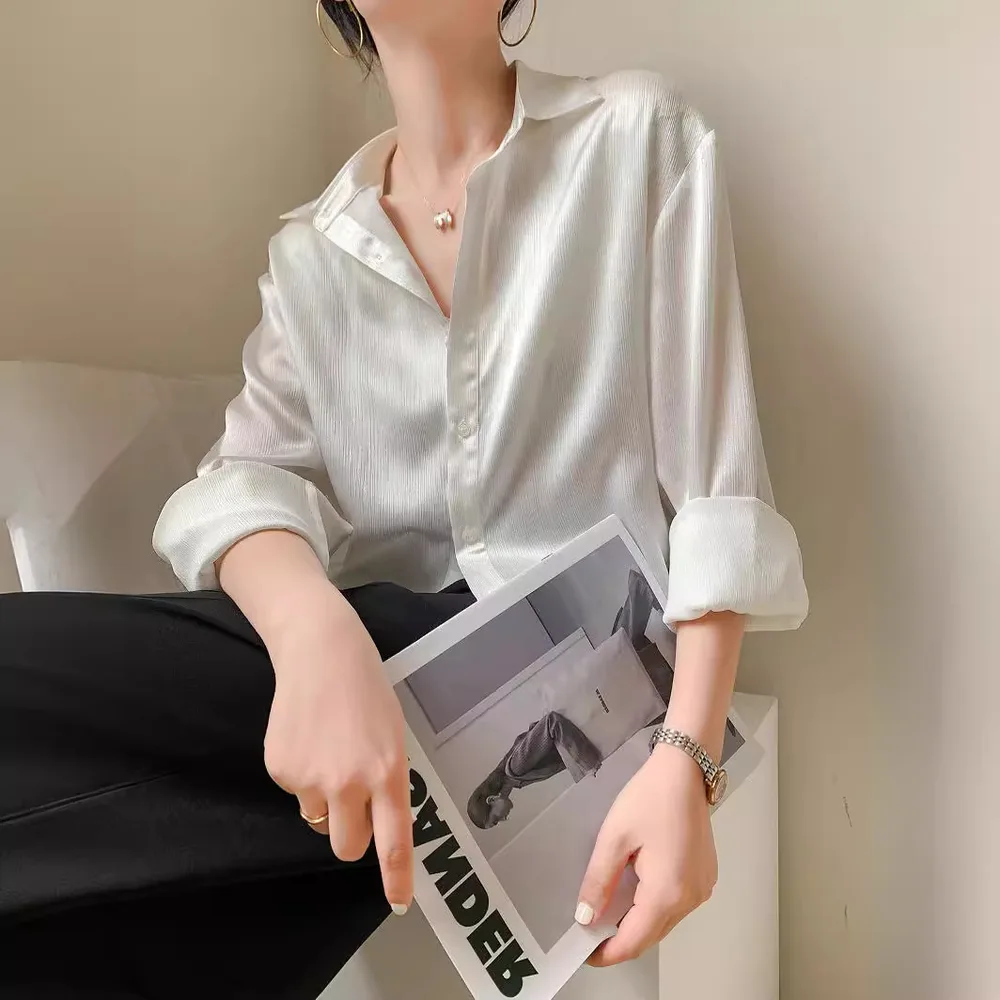White Texture Satin Shirt For Women White - Shop at LoveMi