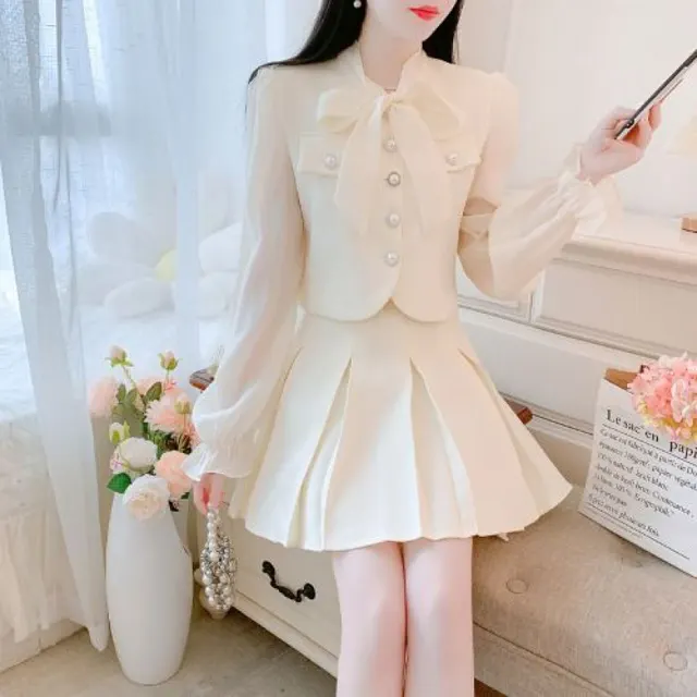 Two piece Suit Skirt Classic Style Bowknot Shirt High Waist Skirt For Women Beige Suit - Shop at LoveMi