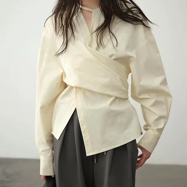 High grade Lazy Niche Deconstructive Waist Slimming Asymmetric Shirt Beige - Shop at LoveMi