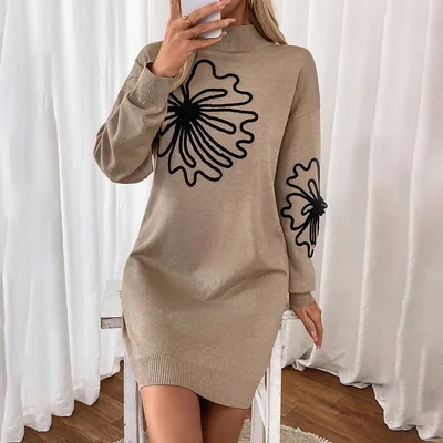 Half Turtleneck Flower Knitted Dress Sweater Khaki - Shop at LoveMi