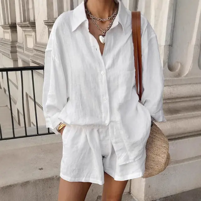 Simple Loose Shirt Suit Women's 100 Cotton Coat Shorts White - Shop at LoveMi