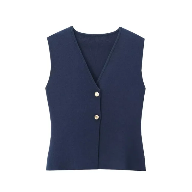 European And American Style Button Knitted Vest Skirt Dark Blue Top - Shop at LoveMi