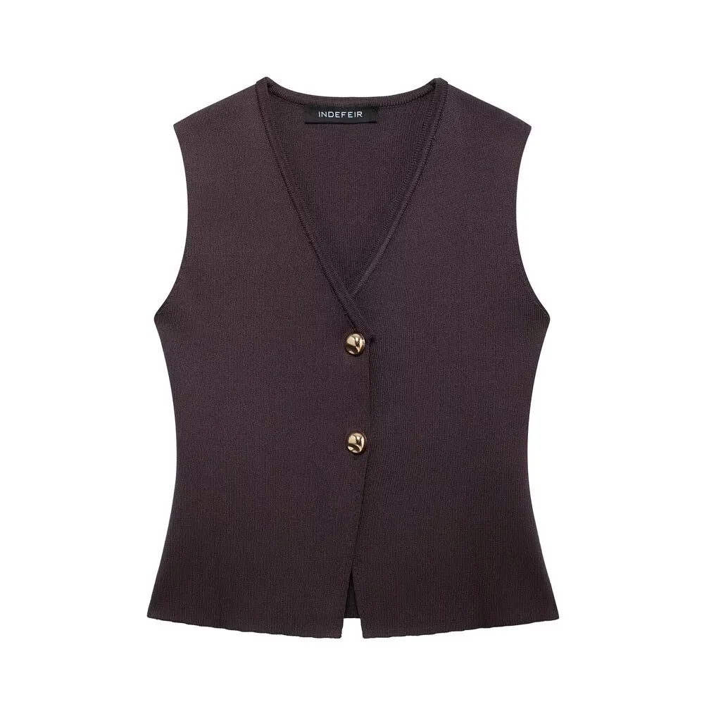 European And American Style Button Knitted Vest Skirt - Maroon Top - View 1