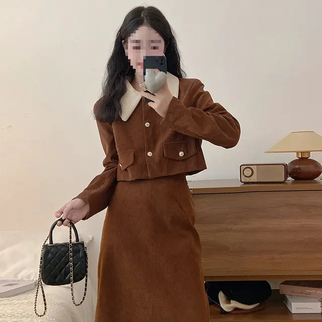 Corduroy Two piece Set Autumn And Winter Plus Size Coffee Color - Shop at LoveMi