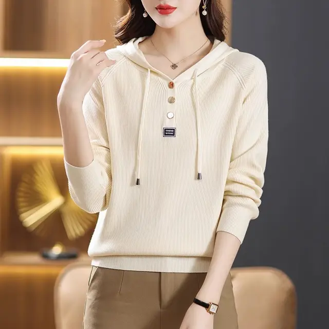 Women's Autumn And Winter Outerwear Knitted Hoodie Apricot - Shop at LoveMi