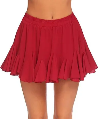 Skirt A- Line High Waist Pleated Mini Elastic Waist - Red