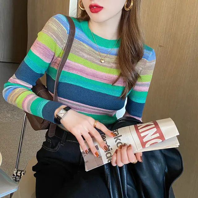 Rainbow Striped Crew Neck Long Sleeves Knitwear Women's Clothing Green - Shop at LoveMi