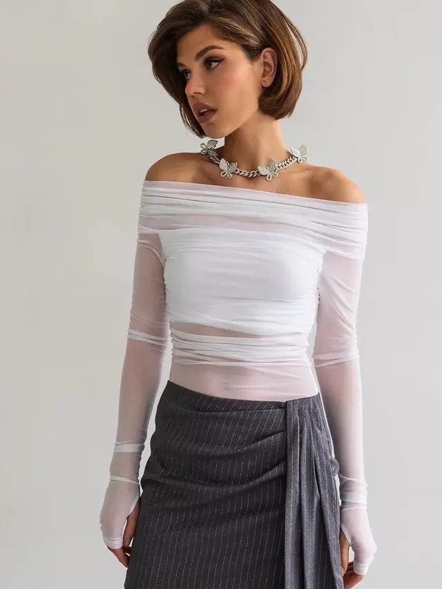 European And American Style Solid Color Slim fit Fashionable Off neck Mesh Long sleeved Top White - Shop at LoveMi