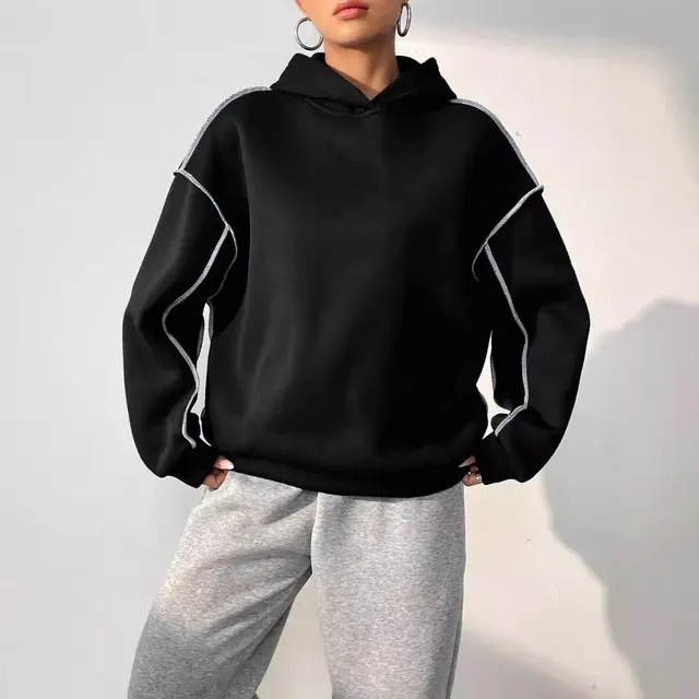 Women's Fashion Hooded Long Sleeve Patchwork Sweater Black - Shop at LoveMi