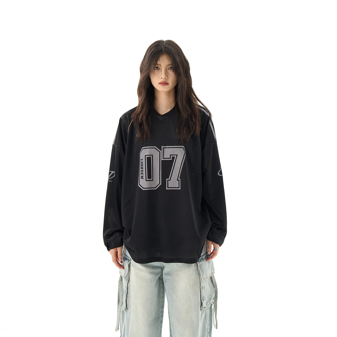 Loose Youth Street Long Sleeve T-shirt V-neck Popular Printing - Black