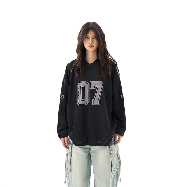 Loose Youth Street Long Sleeve T shirt V neck Popular Printing Black - Shop at LoveMi