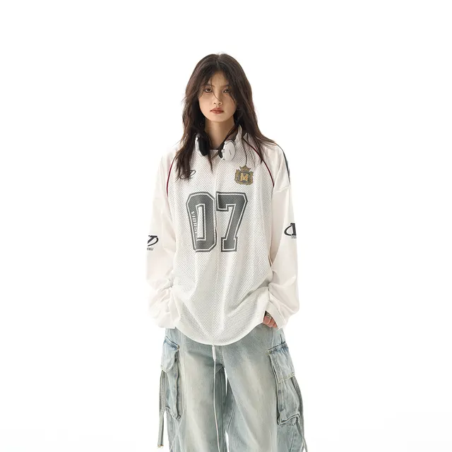 Loose Youth Street Long Sleeve T shirt V neck Popular Printing White - Shop at LoveMi