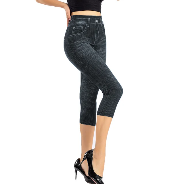 Stretch Bottoming Cropped Slim Fit Hip Raise Printed Jeans For Women Black - Shop at LoveMi