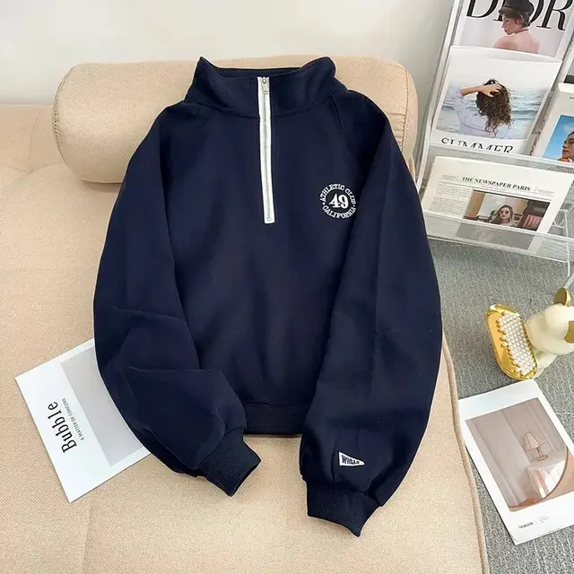 Embroidered Half Zipped Stand Collar Sweater Navy Blue - Shop at LoveMi