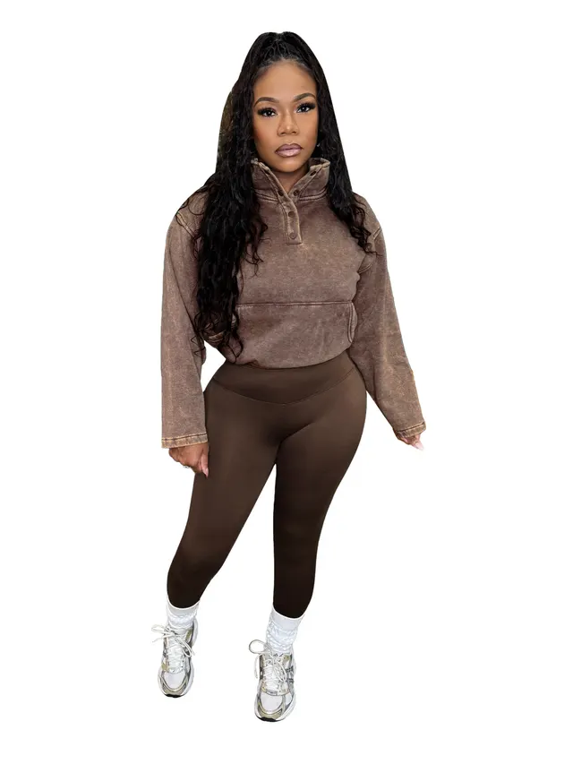 European And American Washed Top Yoga Pants Sports Casual Two piece Suit Khaki - Shop at LoveMi