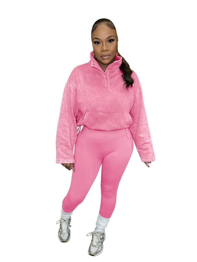 European And American Washed Top Yoga Pants Sports Casual Two piece Suit Pink - Shop at LoveMi