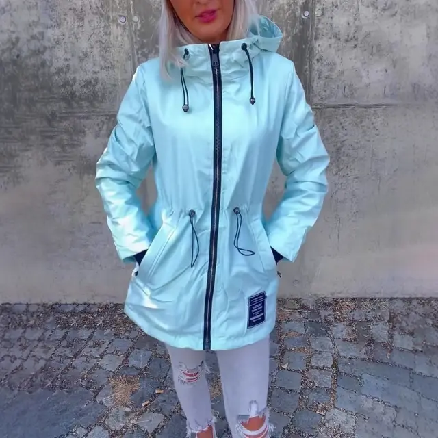Solid Color Hooded Zipper Drawstring Waist Trimming Coat Blue - Shop at LoveMi