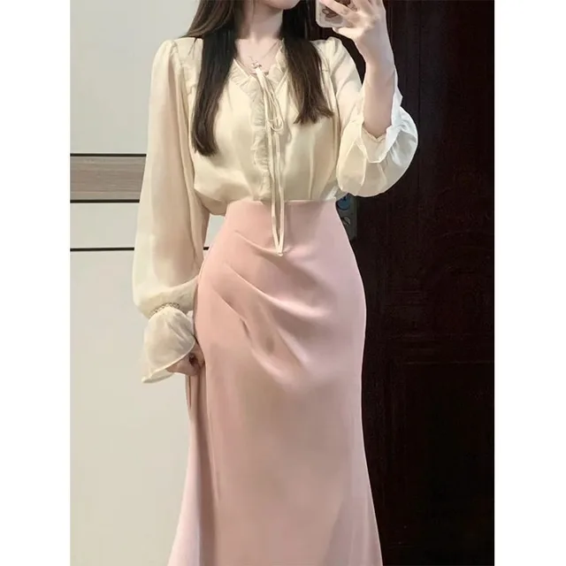 Women's Polyester Blouse Top High Waist Crimp Fishtail Skirt Suit Fishtail Skirt - Shop at LoveMi