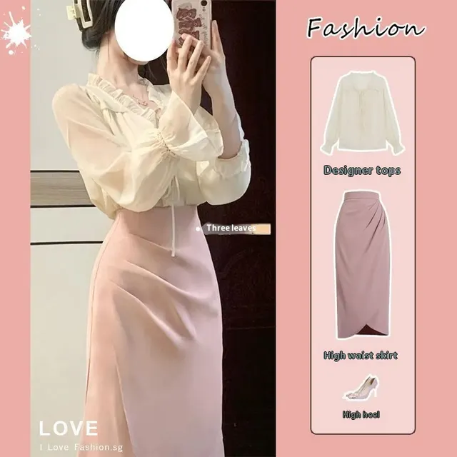 Women's Polyester Blouse Top High Waist Crimp Fishtail Skirt Suit Suit - Shop at LoveMi
