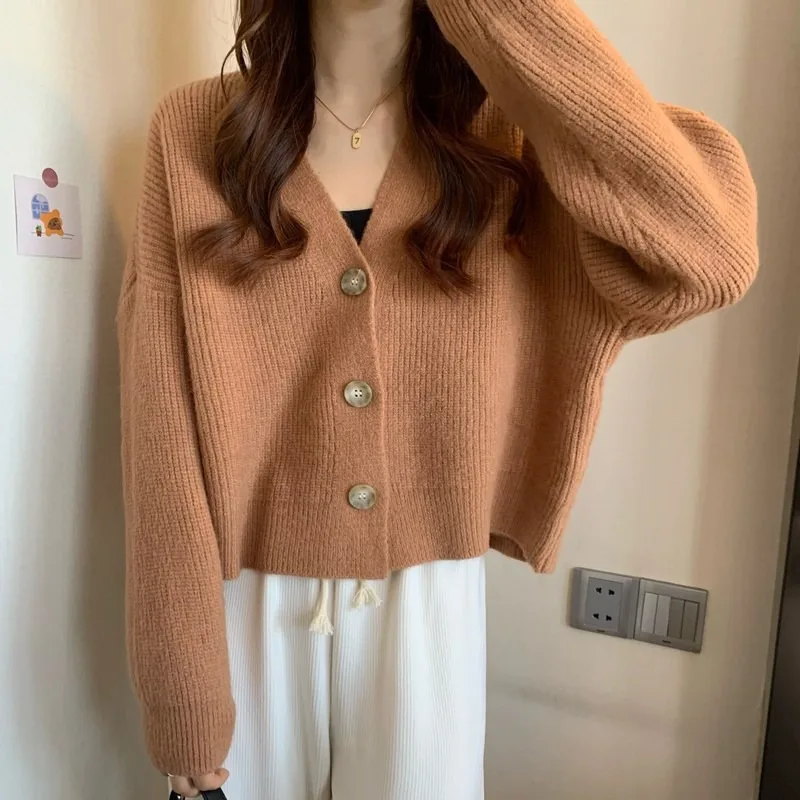 Women's V neck Pure Color All match Sweater Coat Camel - Shop at LoveMi