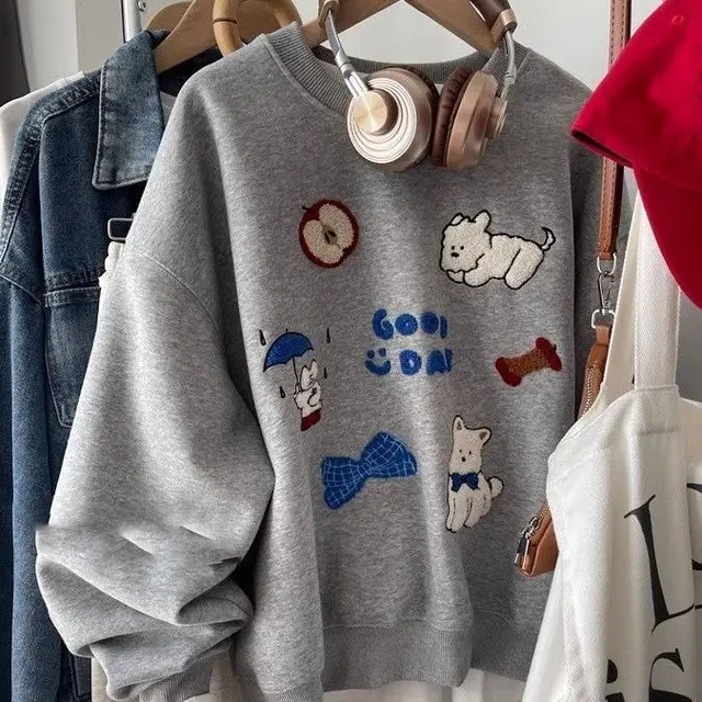 New Embroidered Flocking Loose All match Round Neck Sweater Gray - Shop at LoveMi