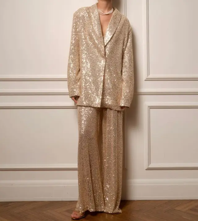 Casual Women's Clothing Sequin Blazer Trousers Suit Golden Suit - Shop at LoveMi