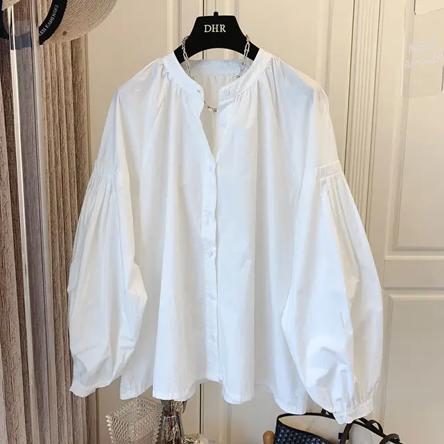 Retro French Pleated Puff Sleeve Loose V neck Shirt White - Shop at LoveMi